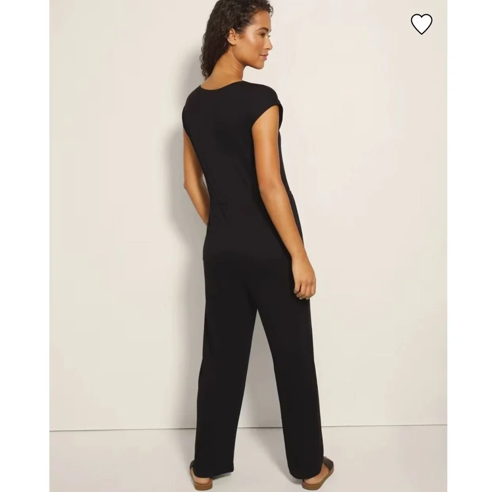 Soma Sunday Lounge Jumpsuit Black V-Neck Wide‎ Leg Drawstring Pockets Small - Picture 2 of 14